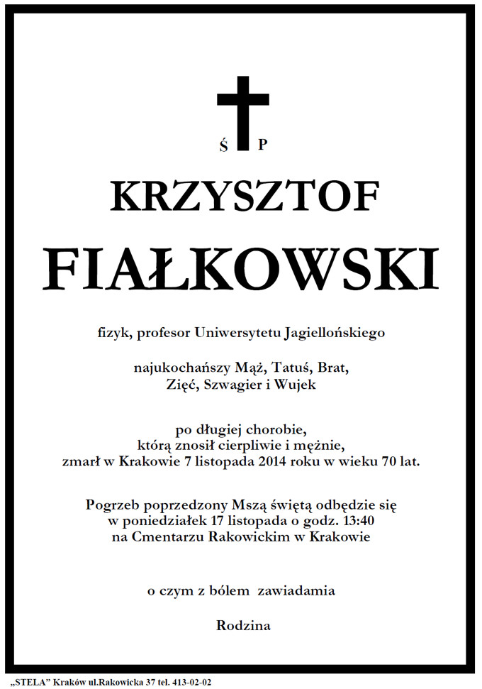 Profesor Krzysztof Fiałkowski - nekrolog