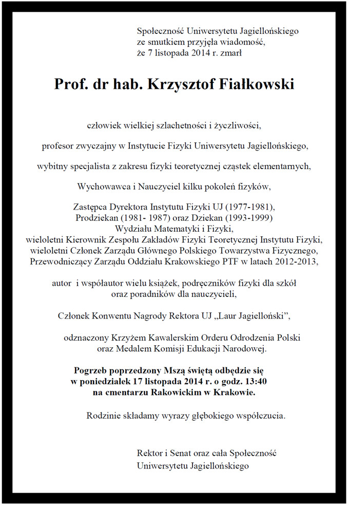 Profesor Krzysztof Fiałkowski - nekrolog